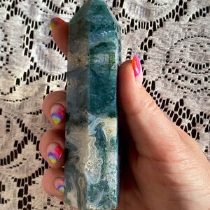 Moss Agate Green and White Crystal Tower